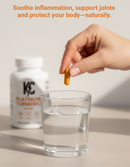 Hand holding an orange turmeric capsule above a clear glass of water, with a Platinum Turmeric supplement bottle slightly blurred in the background and the text “Soothe inflammation, support joints and protect your body—naturally.” displayed above.