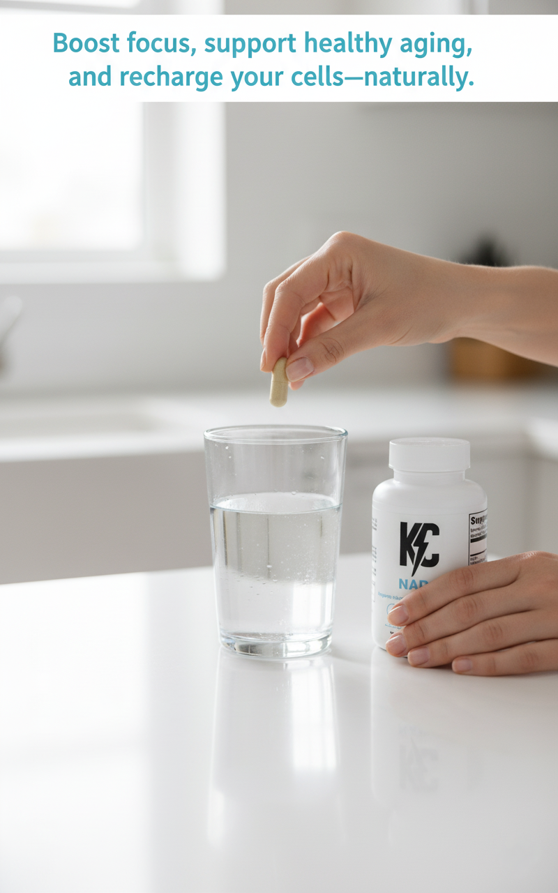 Hand holding a NAD+ capsule over a glass of water with a KC NAD+ supplement bottle on a clean kitchen counter, promoting natural focus, healthy aging, and cellular energy support.