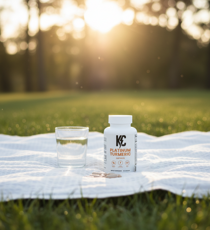 Platinum Turmeric bottle with water glass on a white picnic blanket at golden hour.