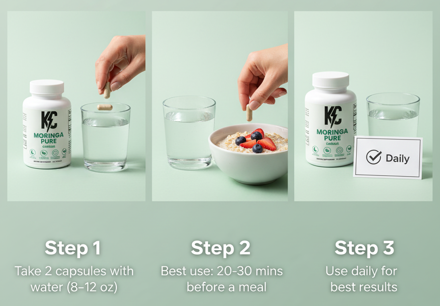 Three-step guide for Moringa Pure capsules: Step 1 take 2 capsules with 8–12 oz water, Step 2 best taken 20–30 minutes before a meal, Step 3 use daily for best results. Images show capsules, glass of water, hand holding capsule, bowl of oatmeal, and bottle of Moringa Pure.