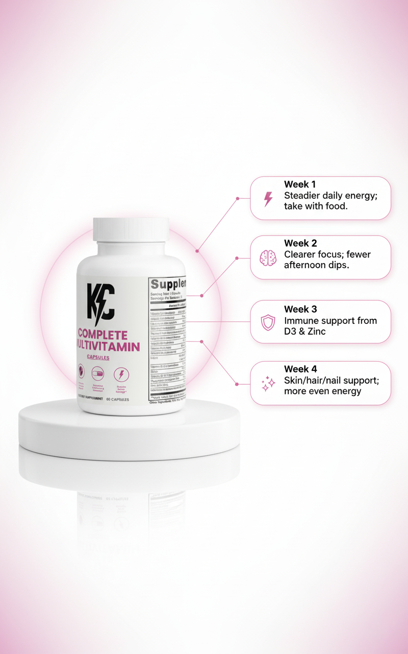 KC Complete Multivitamin bottle with labeled nutrient benefits displayed around it on a white background