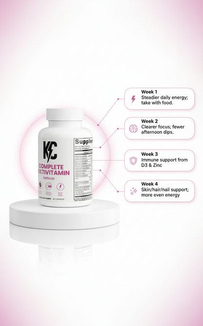 KC Complete Multivitamin bottle with labeled nutrient benefits displayed around it on a white background