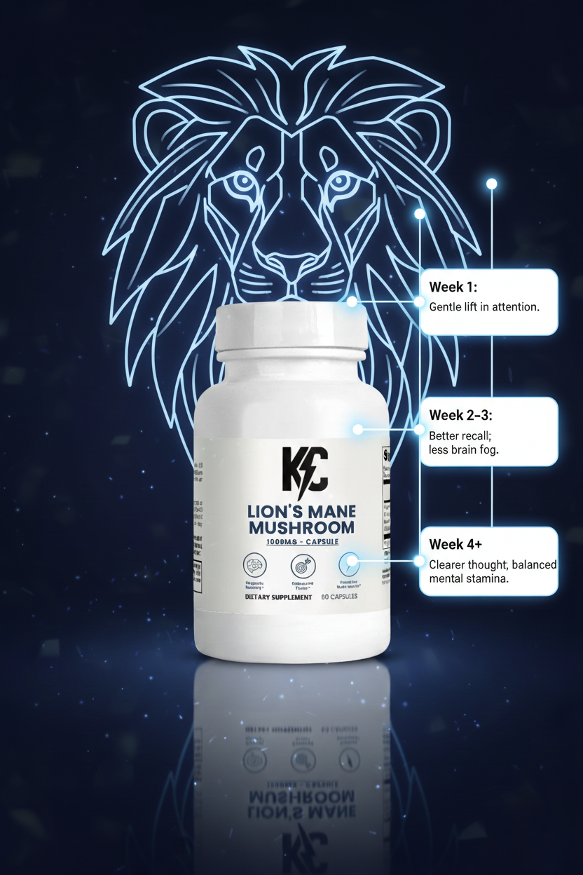 Lion’s Mane Mushroom capsules timeline showing gentle focus lift, improved recall, and clearer thought over weeks.