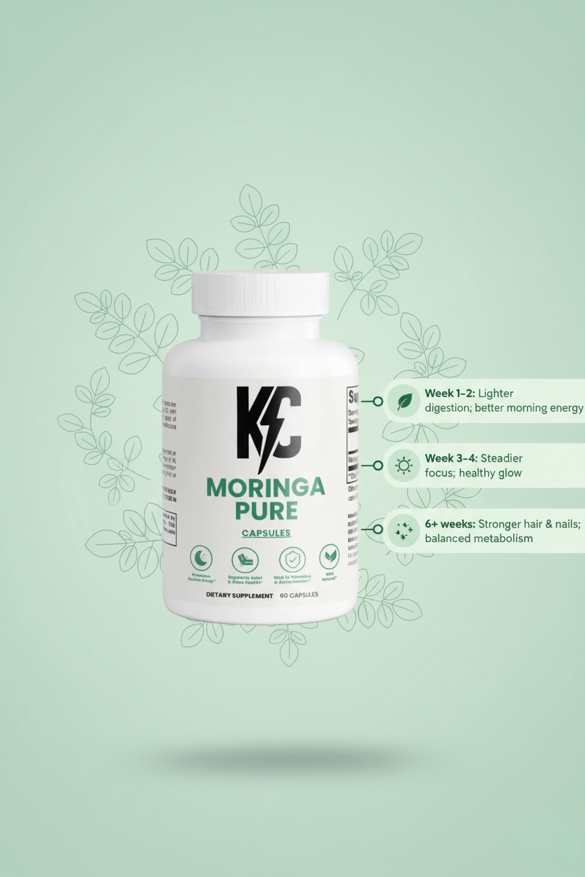 Moringa Pure bottle with week-by-week benefits showing gradual improvements in digestion, energy, skin, and overall wellness on a green botanical background.