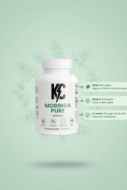 Moringa Pure bottle with week-by-week benefits showing gradual improvements in digestion, energy, skin, and overall wellness on a green botanical background.
