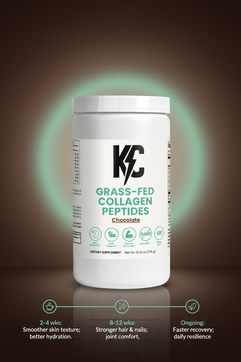 Grass-fed collagen peptides tub with timeline showing skin, hair, nails, and recovery improvements over several weeks.