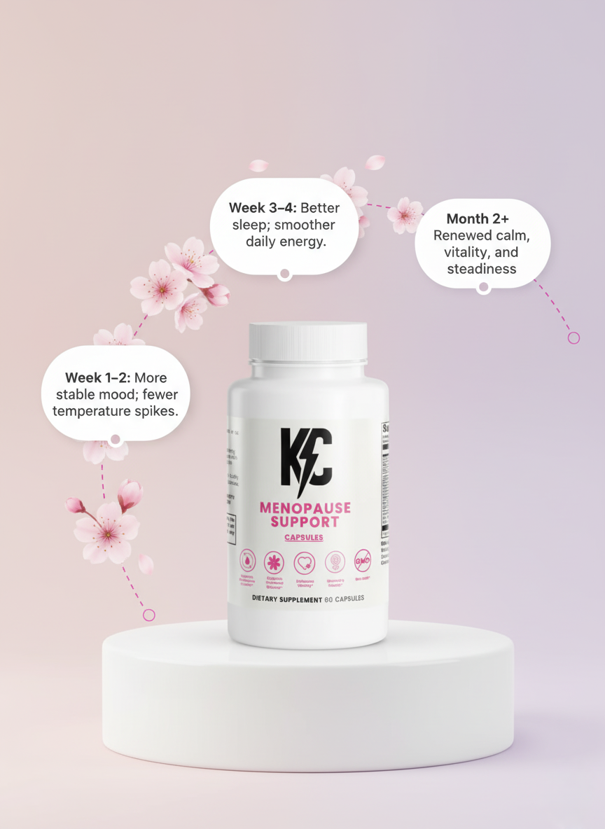 Menopause Support supplement bottle displayed with a soft pink background. Text bubbles show timeline benefits: Week 1–2 mood stability and fewer temperature spikes, Week 3–4 better sleep and smoother energy, and Month 2+ renewed calm and vitality.