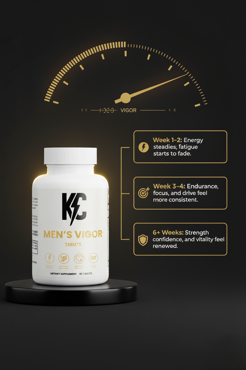 Men’s Vigor supplement bottle with timeline showing energy, endurance, and vitality improvements over 6+ weeks.