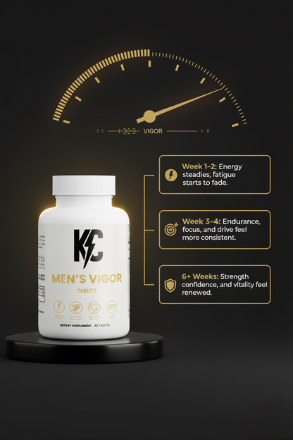 Men’s Vigor supplement bottle with timeline showing energy, endurance, and vitality improvements over 6+ weeks.