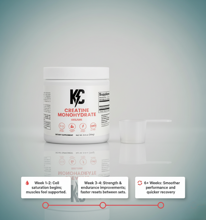 Creatine Monohydrate bottle with scoop and timeline showing strength and recovery improvements over weeks.