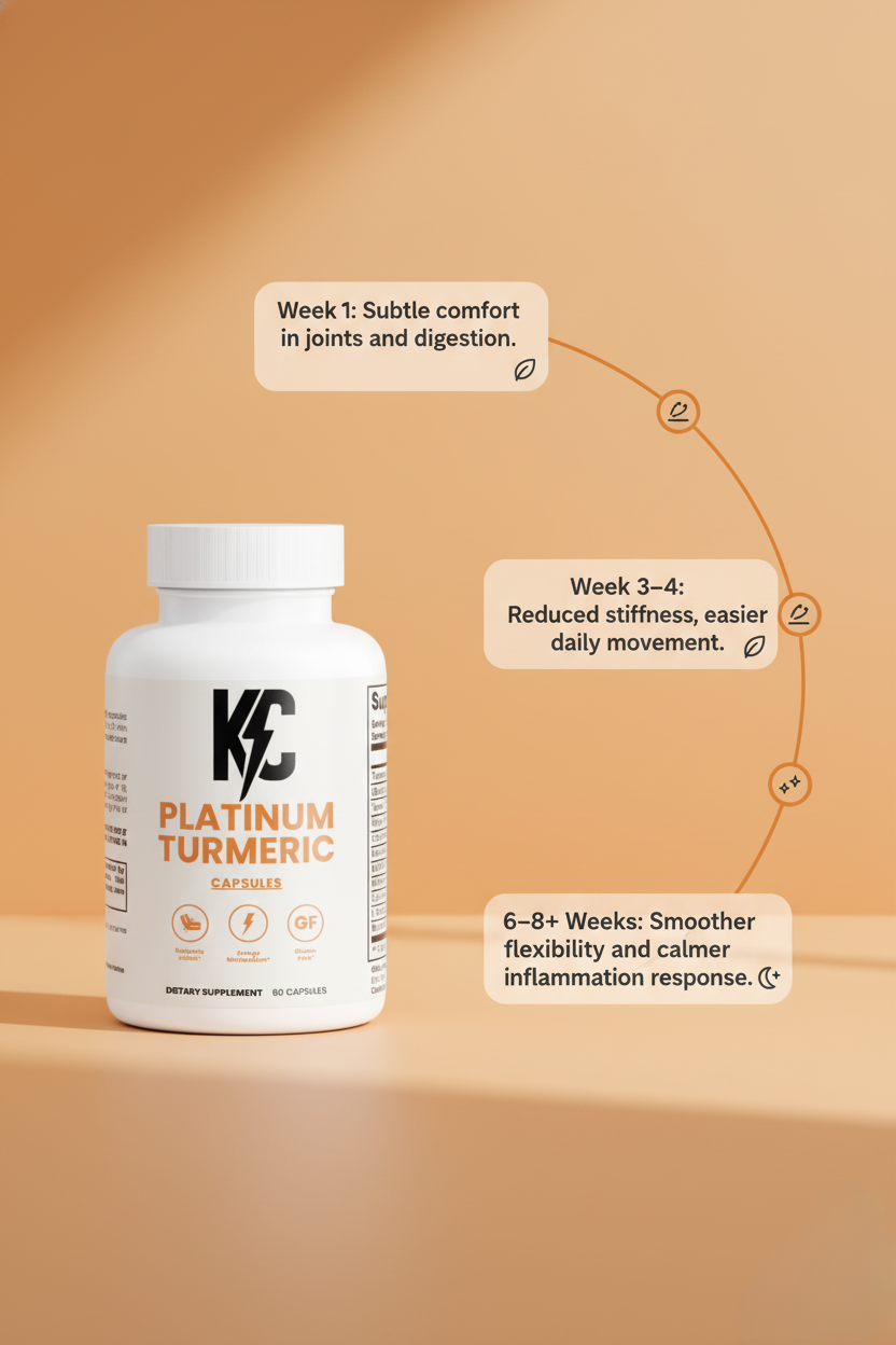 KC Platinum Turmeric bottle with timeline showing benefits from Week 1 to Week 8+, including comfort, reduced stiffness, and improved flexibility.