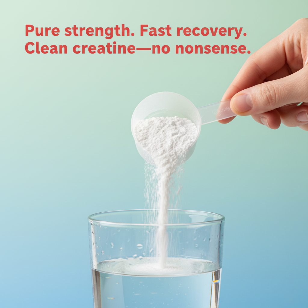 Hand pouring white creatine powder from a scoop into a clear glass of water with the text “Pure strength. Fast recovery. Clean creatine—no nonsense.” on a blue-to-green gradient background.