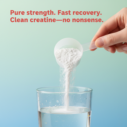 Hand pouring white creatine powder from a scoop into a clear glass of water with the text “Pure strength. Fast recovery. Clean creatine—no nonsense.” on a blue-to-green gradient background.