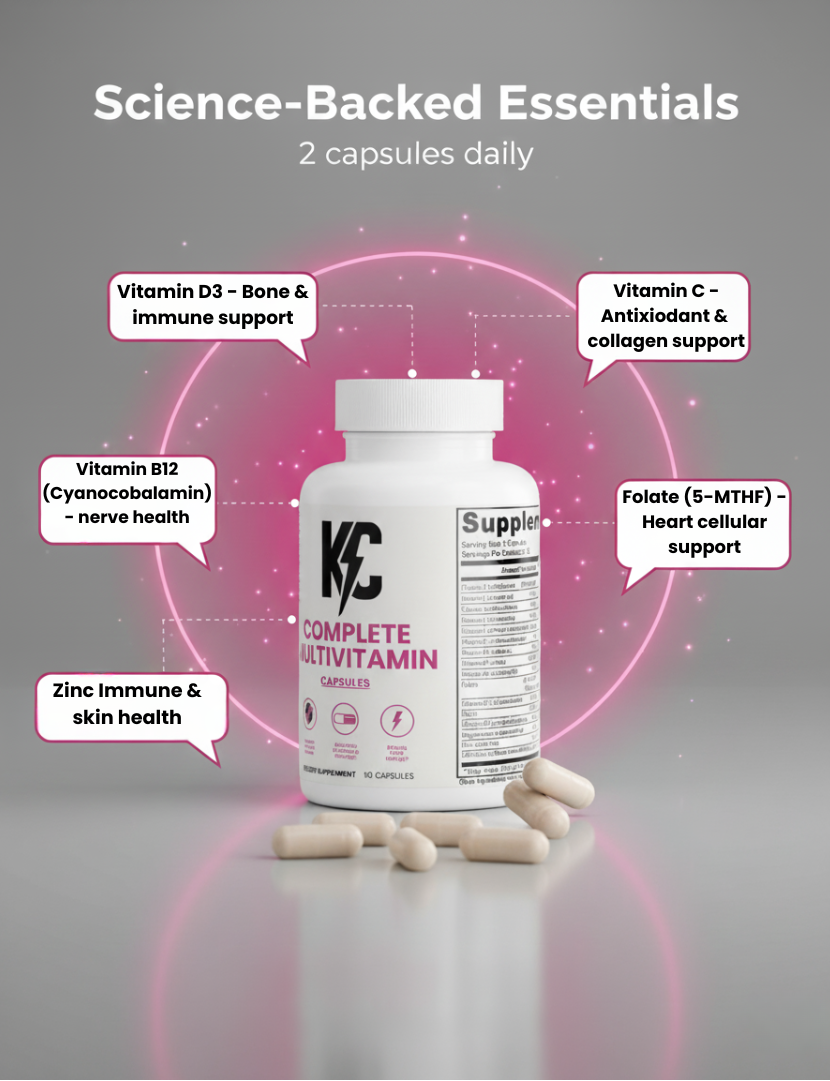 KC Complete Multivitamin shown with highlighted key ingredients and cellular support benefits, science-backed formula illustration.