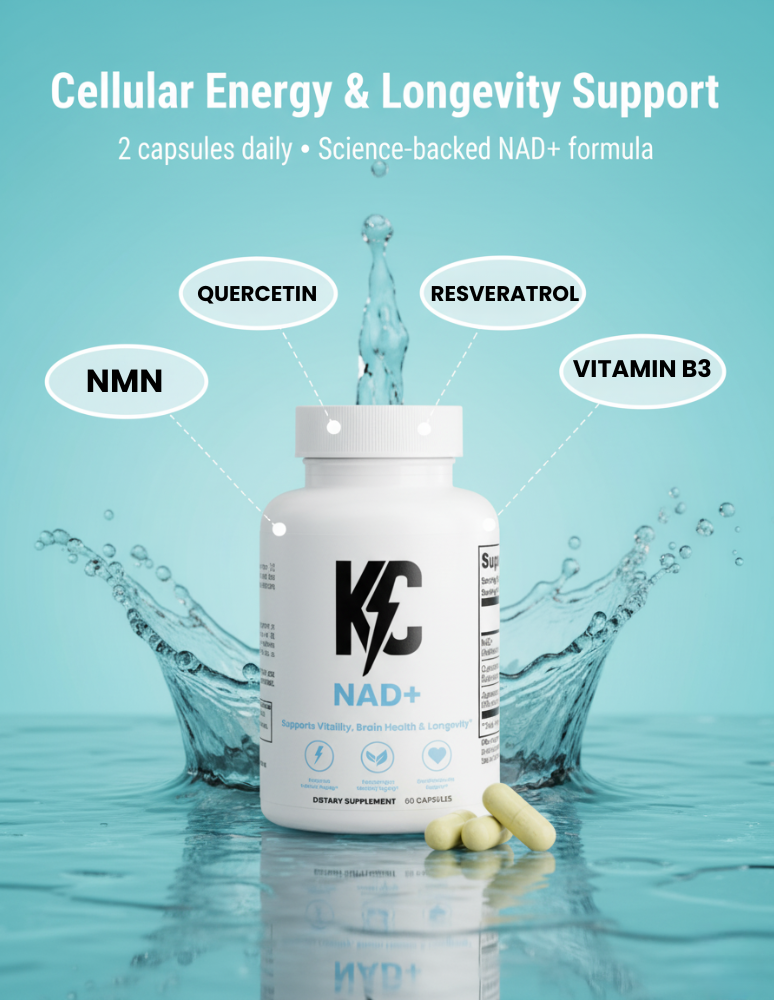 NAD+ supplement with NMN, resveratrol, quercetin, and vitamin B3 for cellular energy and longevity support.