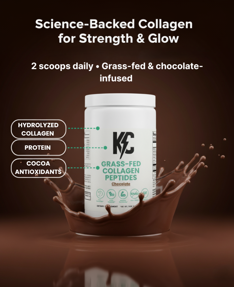 Grass-fed collagen peptides tub in chocolate splash with callouts to hydrolyzed collagen, protein, and cocoa antioxidants.