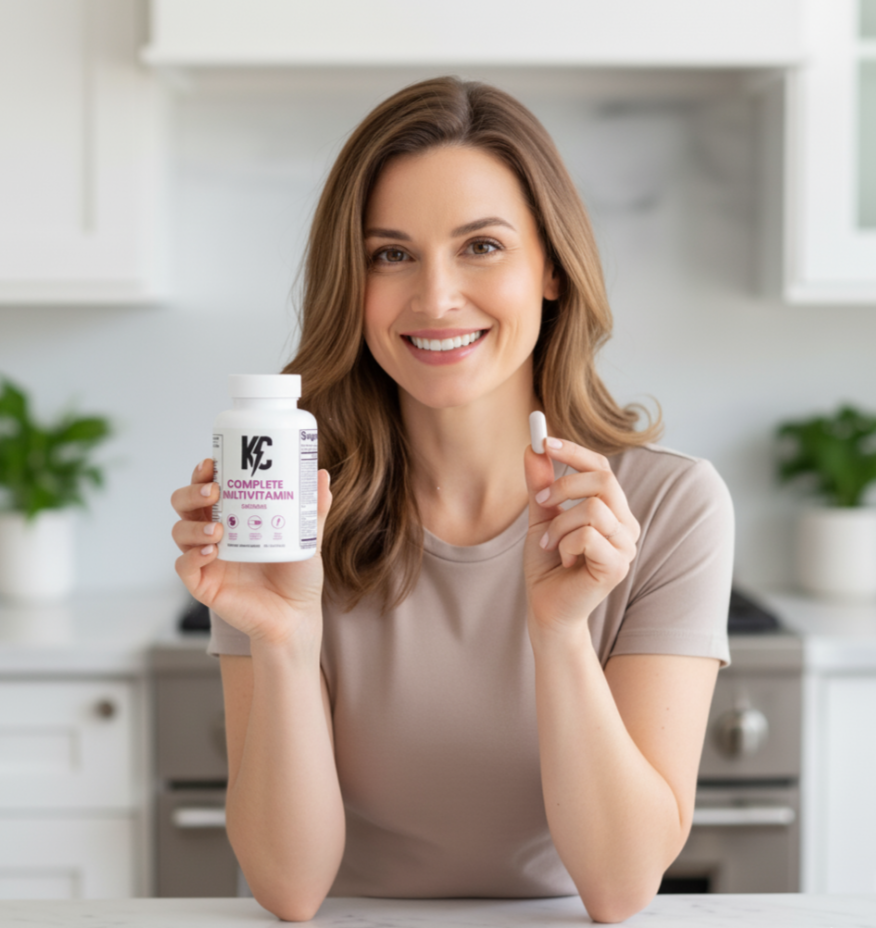 Smiling woman holding a KC Complete Multivitamin bottle in one hand and a single capsule in the other.