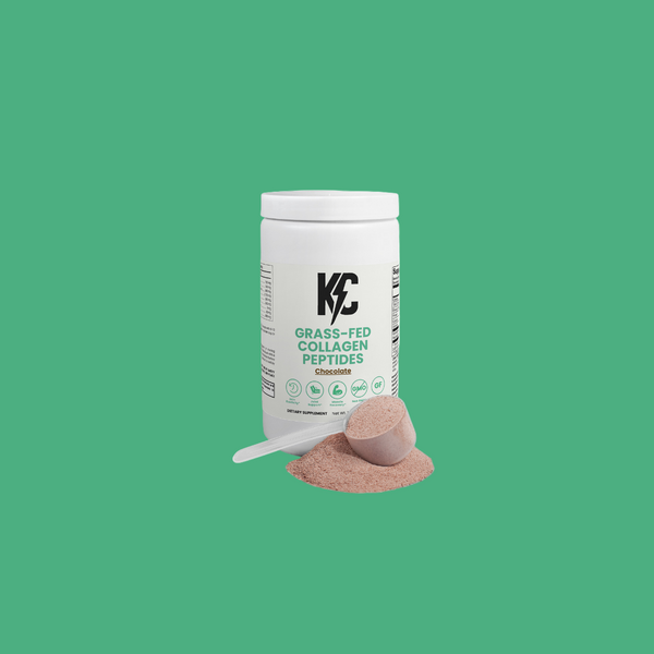 KC Grass-Fed Collagen Peptides Chocolate powder supplement with scoop.