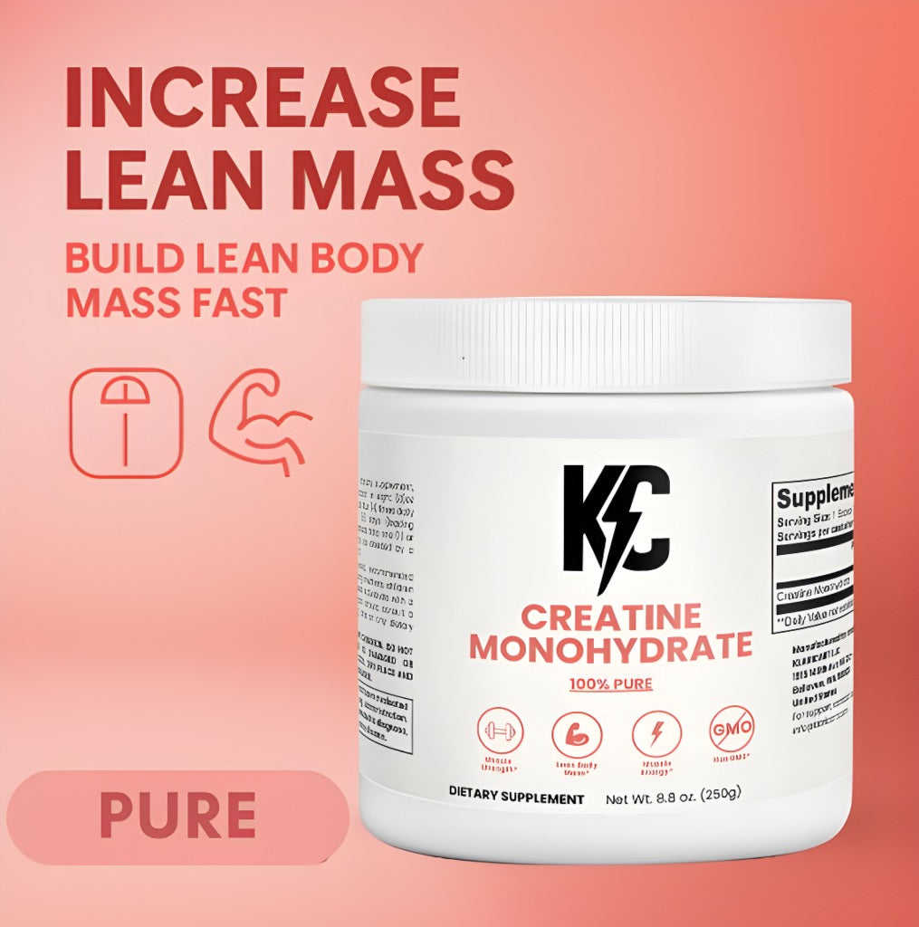 creatine monohydrate supplement tub with pink background and text promoting lean muscle growth