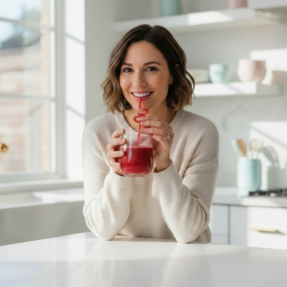 Woman drinking antioxidant reds superfood powder drink for daily wellness support.