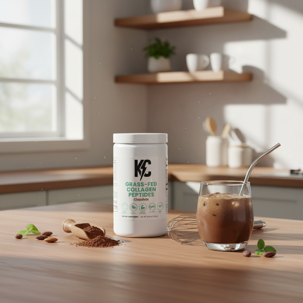 KC Grass-Fed Collagen Peptides chocolate powder with iced collagen drink on a kitchen counter for skin, hair, and joint health.